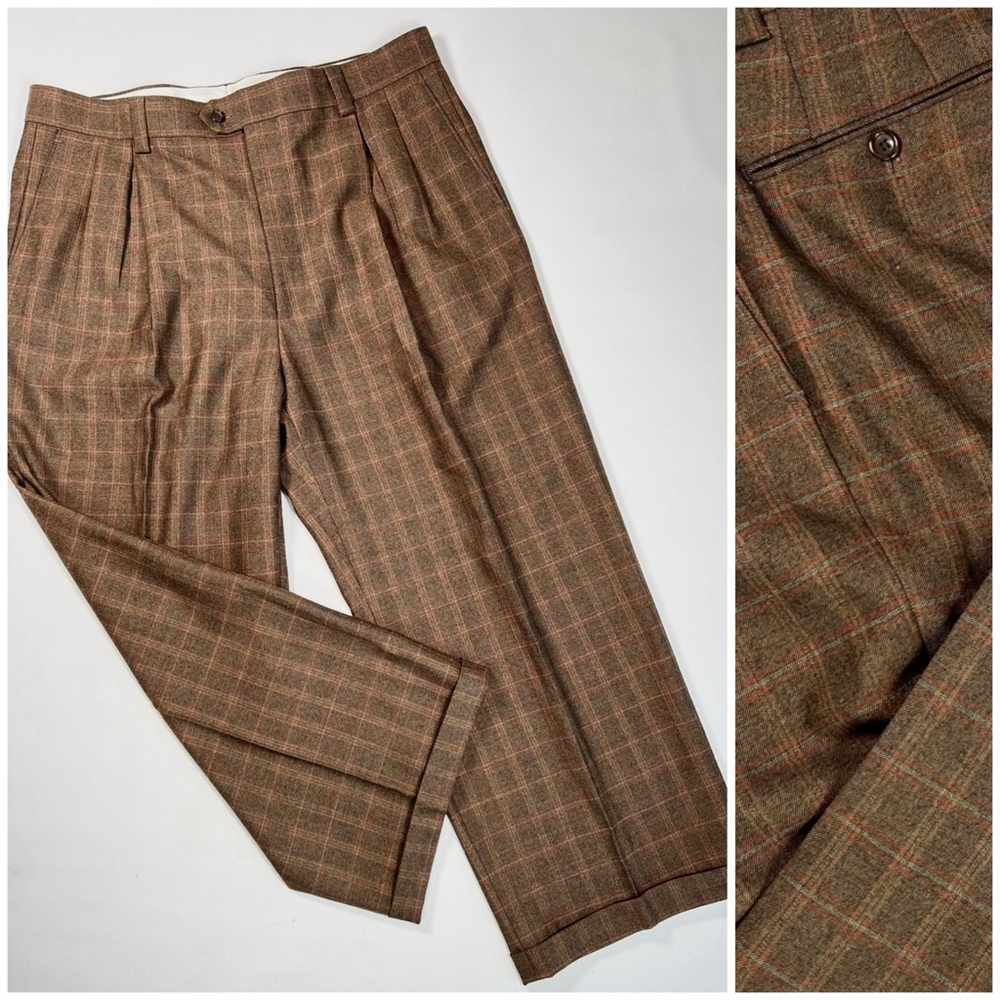 Georgio Inserti Collezione Italiano Mens Pants Brown Orange Plaid Pants 40 Wool